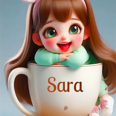 Una niña pequeña con rasgos de dibujos animados, ojos verdes grandes y cabello castaño largo, asoma con una sonrisa amplia dentro de una taza de cerámica blanca grande, apoyando sus manitas en el borde de la taza con un fondo azul claro y tranquilo. El nombre Sara aparece en el centro de la taza de cerámica blanca.