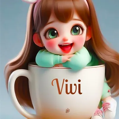 Una niña pequeña con rasgos de dibujos animados, ojos verdes grandes y cabello castaño largo, asoma con una sonrisa amplia dentro de una taza de cerámica blanca grande, apoyando sus manitas en el borde de la taza con un fondo azul claro y tranquilo. El nombre Vivi aparece en el centro de la taza de cerámica blanca.