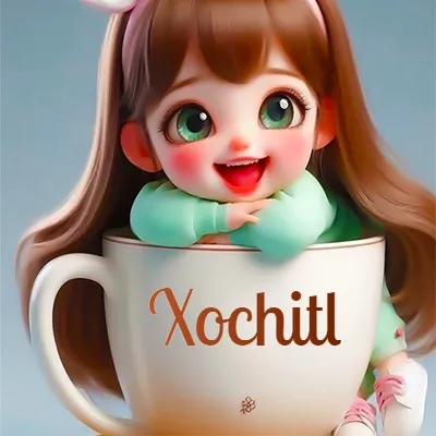 Taza de café gigante con el nombre, apoyada por una niña pequeña de ojos verdes y sonrisa brillante, como si fuera Pulgarcita. - Xochitl