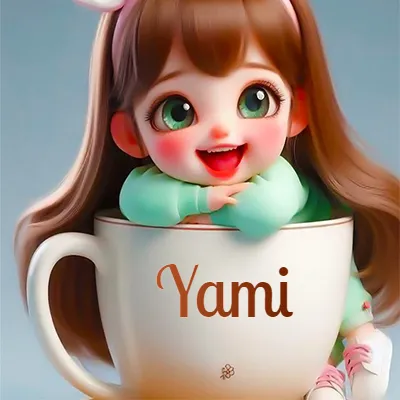Taza de café gigante con el nombre, apoyada por una niña pequeña de ojos verdes y sonrisa brillante, como si fuera Pulgarcita. - Yami