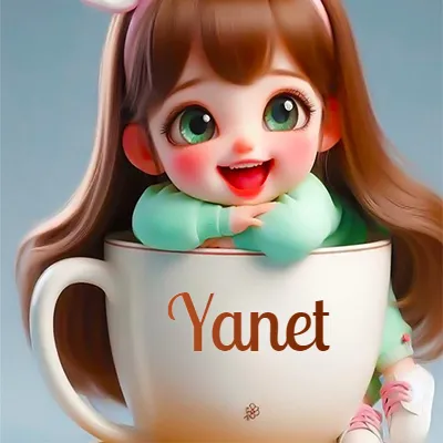 Una niña pequeña con rasgos de dibujos animados, ojos verdes grandes y cabello castaño largo, asoma con una sonrisa amplia dentro de una taza de cerámica blanca grande, apoyando sus manitas en el borde de la taza con un fondo azul claro y tranquilo. El nombre Yanet aparece en el centro de la taza de cerámica blanca.