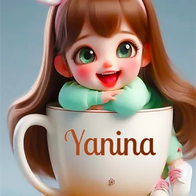 Taza de café gigante con el nombre, apoyada por una niña pequeña de ojos verdes y sonrisa brillante, como si fuera Pulgarcita. - Yanina