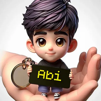 Muñeca Chibi de niño apuesto con cabello morado, parado sobre una palma humana, sosteniendo una pizarra negra pequeña como medalla con el nombre. - Abi