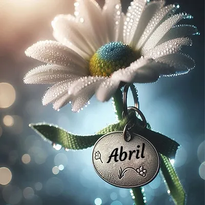 Colgante metálico redondo colgando de una rama de margarita blanca con gotas de rocío, bajo luces tenues. - Abril Colgante metálico redondo colgando de una rama de margarita blanca con gotas de rocío, bajo luces tenues. - Abril