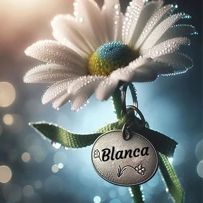 Colgante metálico redondo colgando de una rama de margarita blanca con gotas de rocío, bajo luces tenues. - Blanca