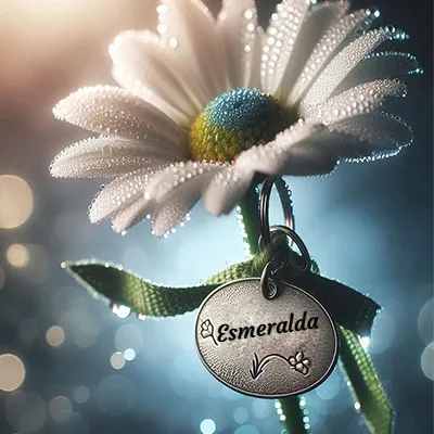 Colgante metálico redondo colgando de una rama de margarita blanca con gotas de rocío, bajo luces tenues. - Esmeralda