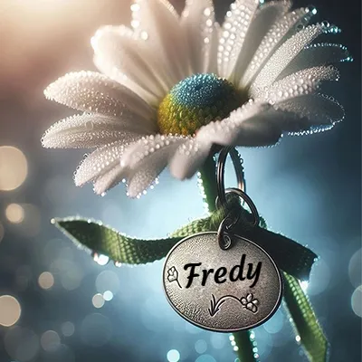 Colgante metálico redondo colgando de una rama de margarita blanca con gotas de rocío, bajo luces tenues. - Fredy