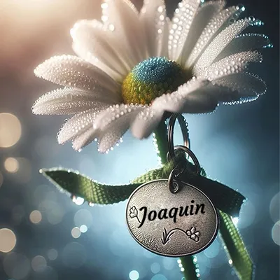 Primer plano artístico de una margarita blanca radiante cubierta de gotas de rocío brillantes, con el centro amarillo-azul. Del tallo cuelga una cinta de tela con un medallón ovalado de metal. El nombre Joaquin aparece grabado con línea negra elegante en el medallón ovalado.
