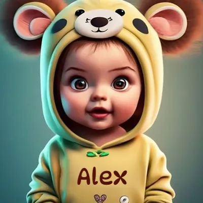 Bebé pequeño con rasgos realistas tiernos, ojos marrones grandes, vistiendo un mono amarillo suave con capucha de osito y orejas redondas. El diseño combina inocencia y ternura. El nombre Alex aparece impreso en letras marrón oscuro en el pecho del mono.