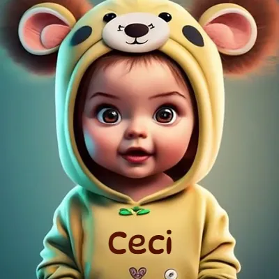 Bebé pequeño con rasgos realistas tiernos, ojos marrones grandes, vistiendo un mono amarillo suave con capucha de osito y orejas redondas. El diseño combina inocencia y ternura. El nombre Ceci aparece impreso en letras marrón oscuro en el pecho del mono.