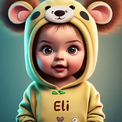 Bebé pequeño con rasgos realistas tiernos, ojos marrones grandes, vistiendo un mono amarillo suave con capucha de osito y orejas redondas. El diseño combina inocencia y ternura. El nombre Eli aparece impreso en letras marrón oscuro en el pecho del mono.