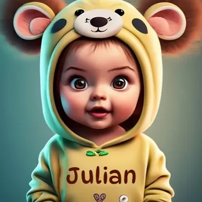 Bebé pequeño con rasgos realistas tiernos, ojos marrones grandes, vistiendo un mono amarillo suave con capucha de osito y orejas redondas. El diseño combina inocencia y ternura. El nombre Julian aparece impreso en letras marrón oscuro en el pecho del mono.