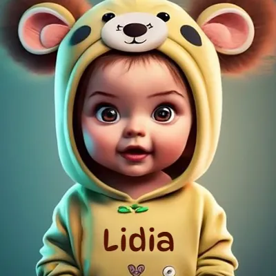 Bebé con overol completo de osito amarillo, gorro con orejas grandes, diseño de cara de oso, nombre en el pecho. - Lidia