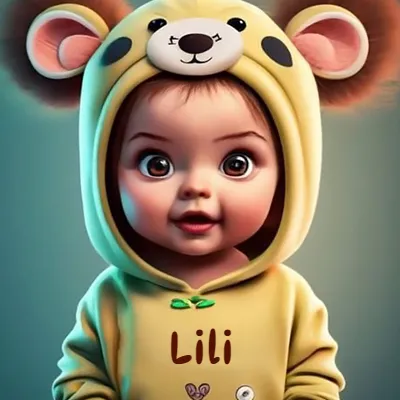 Bebé pequeño con rasgos realistas tiernos, ojos marrones grandes, vistiendo un mono amarillo suave con capucha de osito y orejas redondas. El diseño combina inocencia y ternura. El nombre Lili aparece impreso en letras marrón oscuro en el pecho del mono.