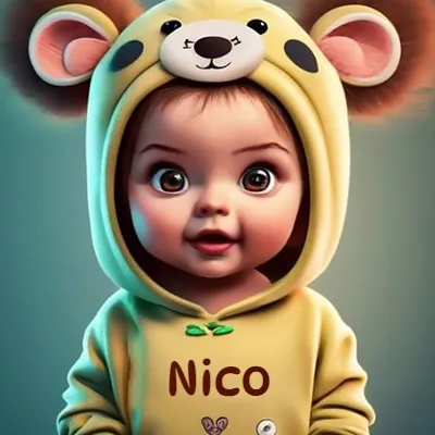 Bebé pequeño con rasgos realistas tiernos, ojos marrones grandes, vistiendo un mono amarillo suave con capucha de osito y orejas redondas. El diseño combina inocencia y ternura. El nombre Nico aparece impreso en letras marrón oscuro en el pecho del mono.
