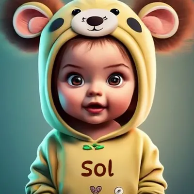 Bebé pequeño con rasgos realistas tiernos, ojos marrones grandes, vistiendo un mono amarillo suave con capucha de osito y orejas redondas. El diseño combina inocencia y ternura. El nombre Sol aparece impreso en letras marrón oscuro en el pecho del mono.
