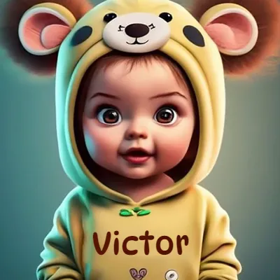 Bebé pequeño con rasgos realistas tiernos, ojos marrones grandes, vistiendo un mono amarillo suave con capucha de osito y orejas redondas. El diseño combina inocencia y ternura. El nombre Victor aparece impreso en letras marrón oscuro en el pecho del mono.