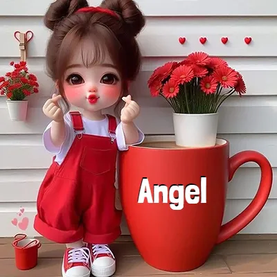 Muñeca de estilo coreano con overol rojo sobre camisa blanca, dos moños en el cabello. Junto a una taza roja gigante llena de café, hace el gesto de 'corazón con los dedos' sobre fondo blanco rayado. El nombre Angel aparece en letras blancas grandes en el lateral de la taza roja.