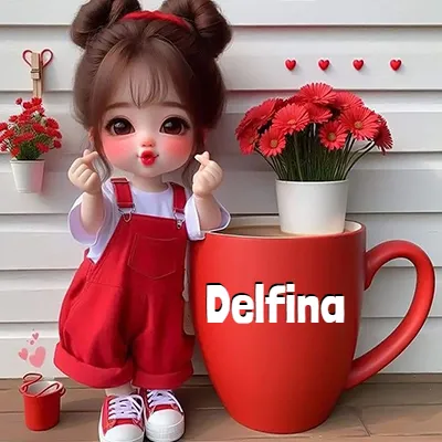 Niña pequeña con ropa roja haciendo gesto de corazón con los dedos, junto a una taza roja gigante llena de gerberas rojas. - Delfina
