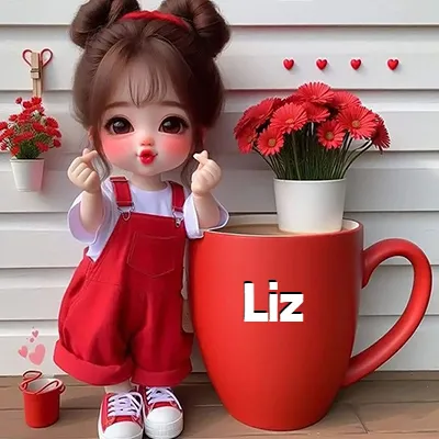 Muñeca de estilo coreano con overol rojo sobre camisa blanca, dos moños en el cabello. Junto a una taza roja gigante llena de café, hace el gesto de 'corazón con los dedos' sobre fondo blanco rayado. El nombre Liz aparece en letras blancas grandes en el lateral de la taza roja.