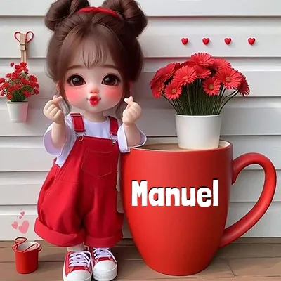 Muñeca de estilo coreano con overol rojo sobre camisa blanca, dos moños en el cabello. Junto a una taza roja gigante llena de café, hace el gesto de 'corazón con los dedos' sobre fondo blanco rayado. El nombre Manuel aparece en letras blancas grandes en el lateral de la taza roja.