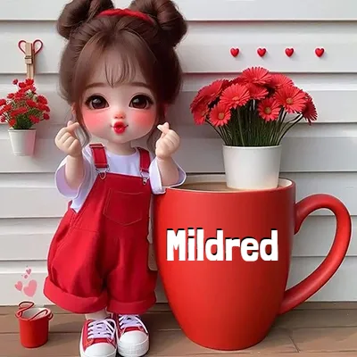 Niña pequeña con ropa roja haciendo gesto de corazón con los dedos, junto a una taza roja gigante llena de gerberas rojas. - Mildred