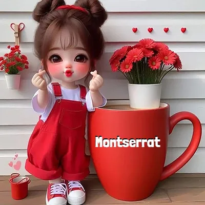 Niña pequeña con ropa roja haciendo gesto de corazón con los dedos, junto a una taza roja gigante llena de gerberas rojas. - Montserrat