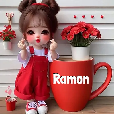 Muñeca de estilo coreano con overol rojo sobre camisa blanca, dos moños en el cabello. Junto a una taza roja gigante llena de café, hace el gesto de 'corazón con los dedos' sobre fondo blanco rayado. El nombre Ramon aparece en letras blancas grandes en el lateral de la taza roja.