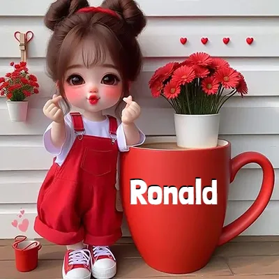 Niña pequeña con ropa roja haciendo gesto de corazón con los dedos, junto a una taza roja gigante llena de gerberas rojas. - Ronald Niña pequeña con ropa roja haciendo gesto de corazón con los dedos, junto a una taza roja gigante llena de gerberas rojas. - Ronald