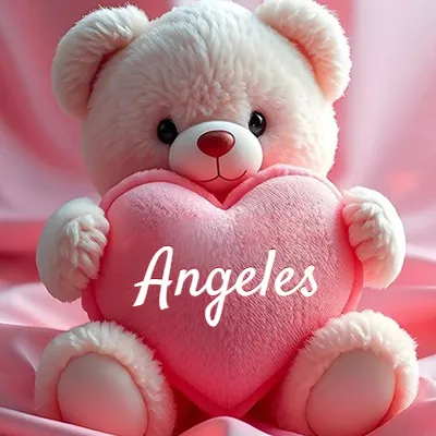 Osito de peluche rosa suave y esponjoso, sentado sosteniendo un gran corazón de felpa rosa, nombre grabado. - Angeles