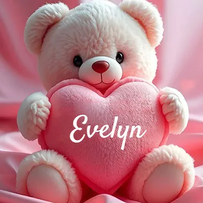 Osito de peluche rosa suave y esponjoso, sentado sosteniendo un gran corazón de felpa rosa, nombre grabado. - Evelyn