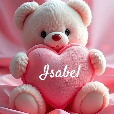Osito de peluche polar de color crema, muy suave, sentado sobre pliegues de raso rosa brillante. Abraza un gran corazón de felpa rosa lleno de calidez. El nombre Isabel aparece en letra cursiva en el centro del corazón rosa grande.