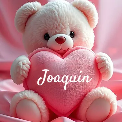 Osito de peluche polar de color crema, muy suave, sentado sobre pliegues de raso rosa brillante. Abraza un gran corazón de felpa rosa lleno de calidez. El nombre Joaquin aparece en letra cursiva en el centro del corazón rosa grande.