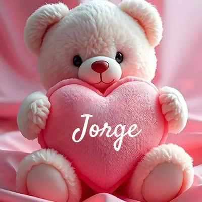 Osito de peluche rosa suave y esponjoso, sentado sosteniendo un gran corazón de felpa rosa, nombre grabado. - Jorge Osito de peluche rosa suave y esponjoso, sentado sosteniendo un gran corazón de felpa rosa, nombre grabado. - Jorge