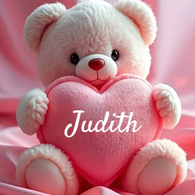 Osito de peluche rosa suave y esponjoso, sentado sosteniendo un gran corazón de felpa rosa, nombre grabado. - Judith