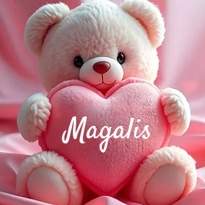 Osito de peluche rosa suave y esponjoso, sentado sosteniendo un gran corazón de felpa rosa, nombre grabado. - Magalis