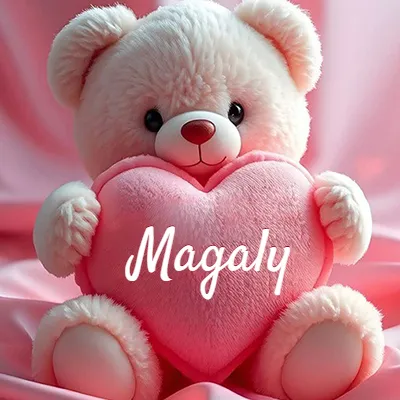Osito de peluche rosa suave y esponjoso, sentado sosteniendo un gran corazón de felpa rosa, nombre grabado. - Magaly Osito de peluche rosa suave y esponjoso, sentado sosteniendo un gran corazón de felpa rosa, nombre grabado. - Magaly