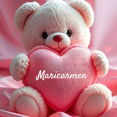 Osito de peluche rosa suave y esponjoso, sentado sosteniendo un gran corazón de felpa rosa, nombre grabado. - Maricarmen