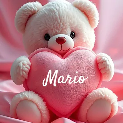 Osito de peluche rosa suave y esponjoso, sentado sosteniendo un gran corazón de felpa rosa, nombre grabado. - Mario Osito de peluche rosa suave y esponjoso, sentado sosteniendo un gran corazón de felpa rosa, nombre grabado. - Mario