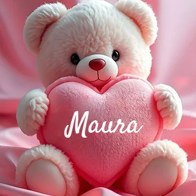 Osito de peluche rosa suave y esponjoso, sentado sosteniendo un gran corazón de felpa rosa, nombre grabado. - Maura