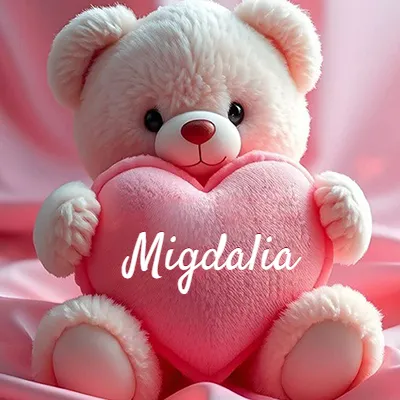 Osito de peluche rosa suave y esponjoso, sentado sosteniendo un gran corazón de felpa rosa, nombre grabado. - Migdalia