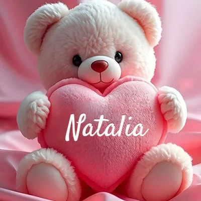 Osito de peluche rosa suave y esponjoso, sentado sosteniendo un gran corazón de felpa rosa, nombre grabado. - Natalia