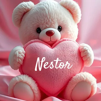 Osito de peluche rosa suave y esponjoso, sentado sosteniendo un gran corazón de felpa rosa, nombre grabado. - Nestor Osito de peluche rosa suave y esponjoso, sentado sosteniendo un gran corazón de felpa rosa, nombre grabado. - Nestor