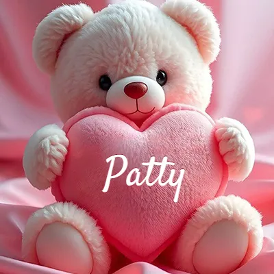 Osito de peluche rosa suave y esponjoso, sentado sosteniendo un gran corazón de felpa rosa, nombre grabado. - Patty