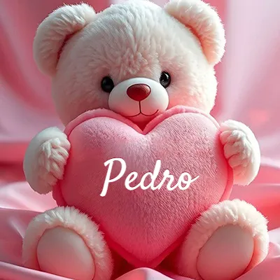 Osito de peluche rosa suave y esponjoso, sentado sosteniendo un gran corazón de felpa rosa, nombre grabado. - Pedro