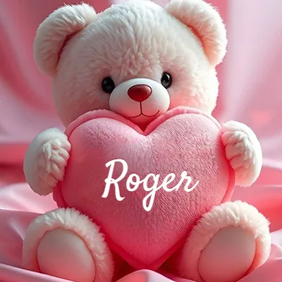 Osito de peluche rosa suave y esponjoso, sentado sosteniendo un gran corazón de felpa rosa, nombre grabado. - Roger