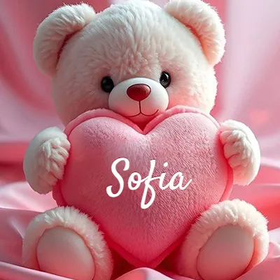 Osito de peluche rosa suave y esponjoso, sentado sosteniendo un gran corazón de felpa rosa, nombre grabado. - Sofia