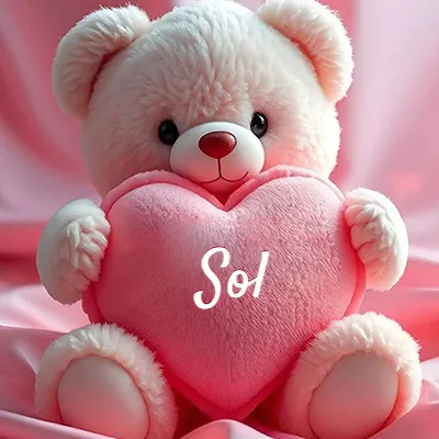 Osito de peluche polar de color crema, muy suave, sentado sobre pliegues de raso rosa brillante. Abraza un gran corazón de felpa rosa lleno de calidez. El nombre Sol aparece en letra cursiva en el centro del corazón rosa grande.