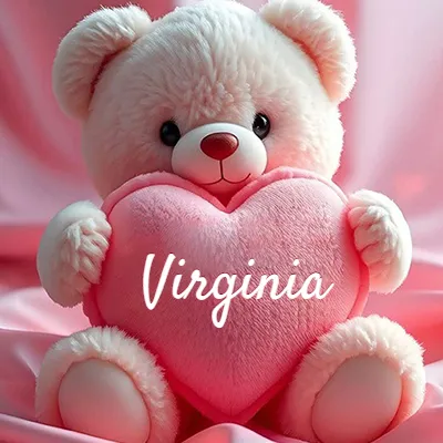 Osito de peluche rosa suave y esponjoso, sentado sosteniendo un gran corazón de felpa rosa, nombre grabado. - Virginia Osito de peluche rosa suave y esponjoso, sentado sosteniendo un gran corazón de felpa rosa, nombre grabado. - Virginia