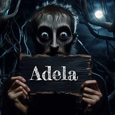 Figura surrealista de rostro pálido con ojos muy saltones en un bosque oscuro, sosteniendo un trozo de madera negra cubriendo su boca bajo la luz de la luna. - Adela Figura surrealista de rostro pálido con ojos muy saltones en un bosque oscuro, sosteniendo un trozo de madera negra cubriendo su boca bajo la luz de la luna. - Adela